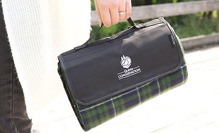 A green, blue and white plaid rolled up blanket with a carrying handle.